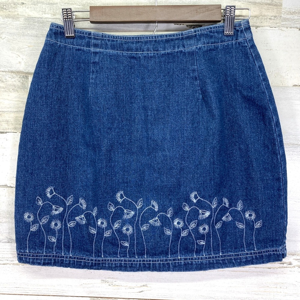 Route 66 Womens‎ Blue Medium Wash Floral Embroidered Denim Jean Mini Skirt 11/12